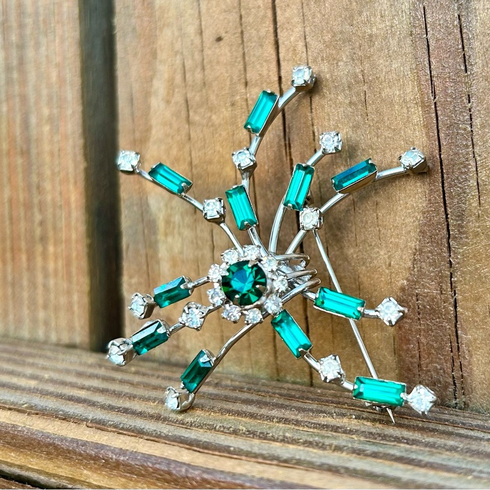 Vintage Art Deco Brooch Green & White Rhinestones Spider Like